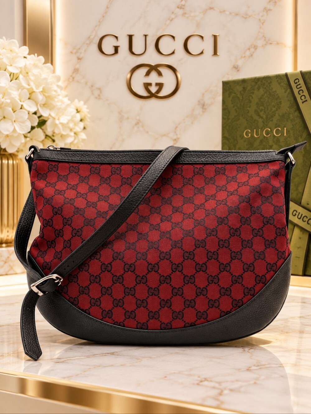 Authentic Gucci GG Canvas Crossbody Red/Black Monogram Leather Trim Shoulder Bag